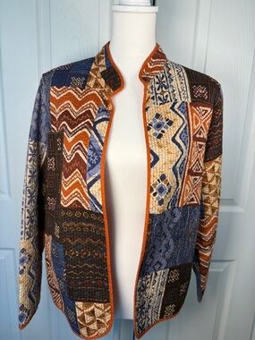 Vintage quilted, granny, core abstract Southwest Open-Front Jacket in Rust